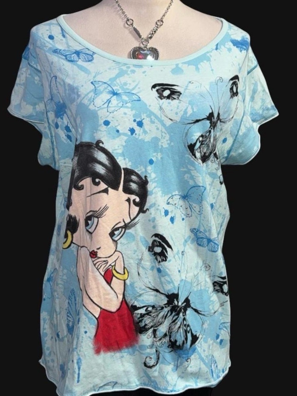 Betty Boop Light Blue Butterfly Graphic Short Sleeve Tee
